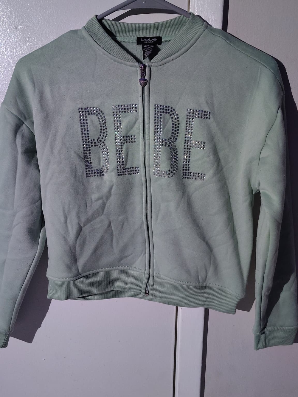 bebe Mint Green Crystal Logo Bomber Jacket